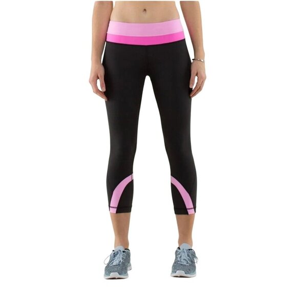 Lululemon Run Inspire Crop II Leggings Wee Stripe Black Pink Pow Sz 4 Zip Pocket - Picture 1 of 8
